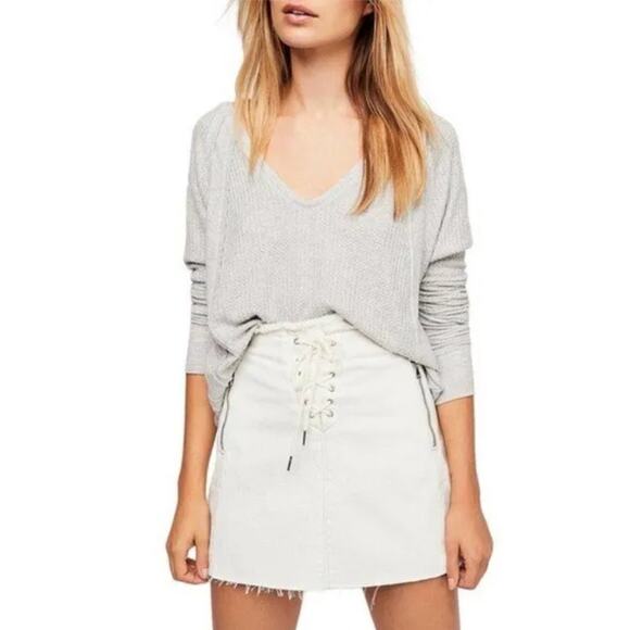 We The Free People Catalina Gray Ribbed Thermal V-Neck Knit Yoga Size Small S - Picture 1 of 9